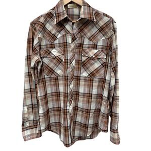 Kings Road Sears Plaid Western Snap Button Shirt Medium Brown Blue Lightweight
